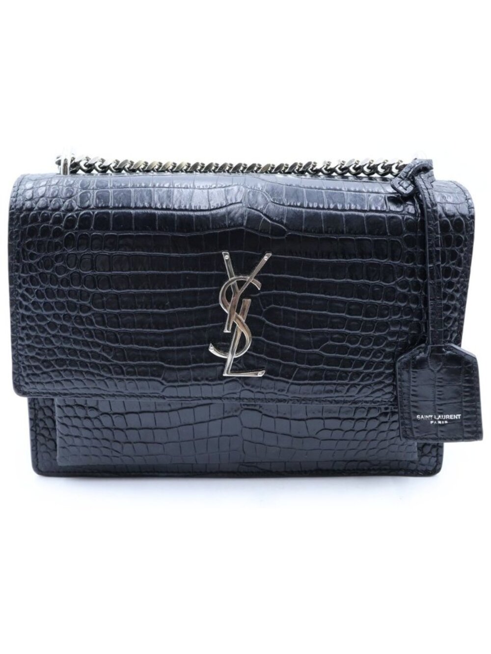 Saint Laurent Paris Sunset Medium Chain Shoulder Bag Black Embossed Croco
